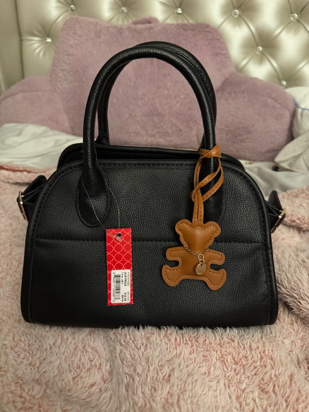 Kelly & Katie Black small Satchel with Tan Bear Charm